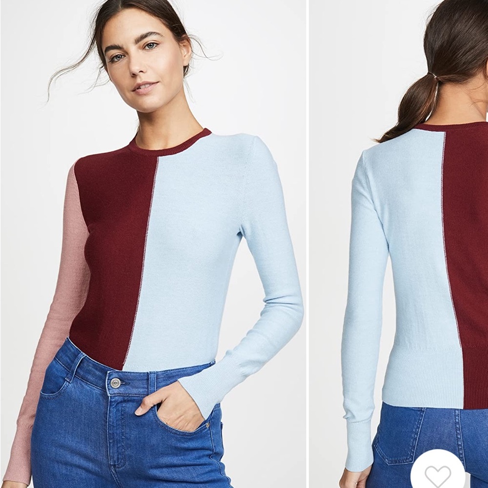 STAUD Colorblock Crew Neck Sweater - Light Blue, Burgundy, Pink